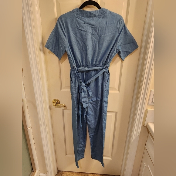 EMORY PARK chambray Jean like Short Sleeve Pant Romper medium - Picture 4 of 6